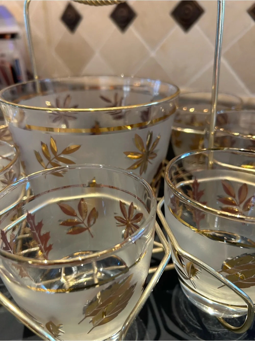 Vintage MCM Libbey Golden Foliage Set with 8 Glasses with Caddy & Ice Bucket.